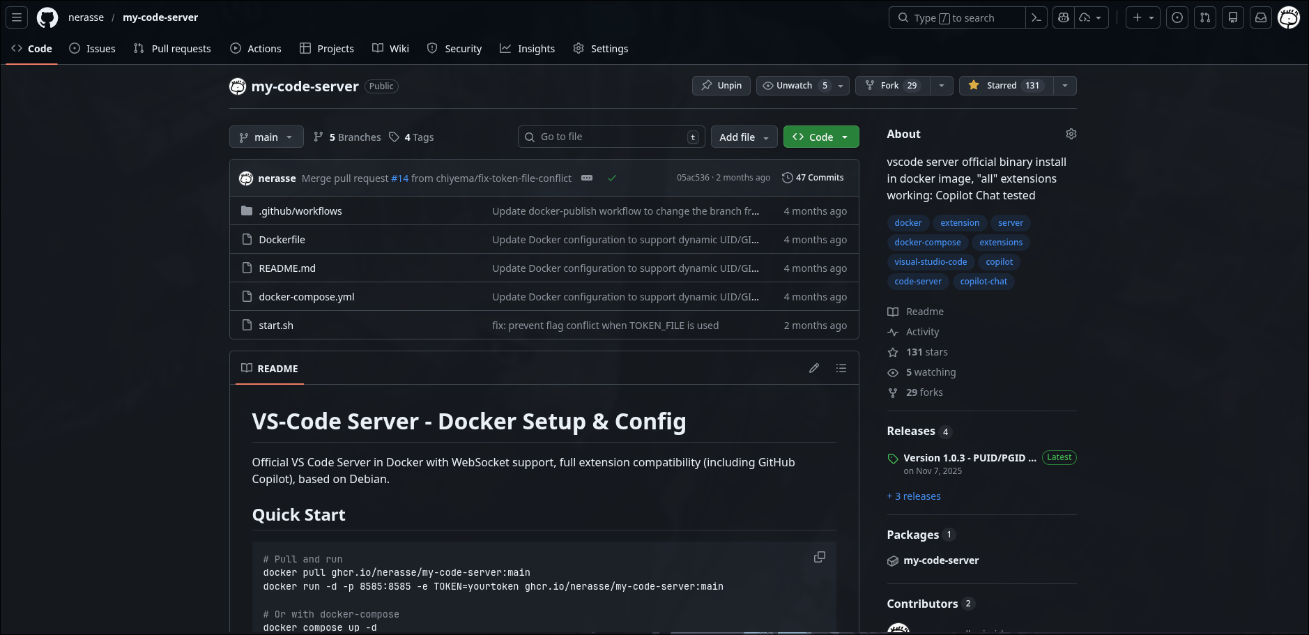 Vue du repository my-code-server en mars 2026
